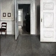 Dipinto di interno grigio con porta aperta e figura femminile di Hammershøi