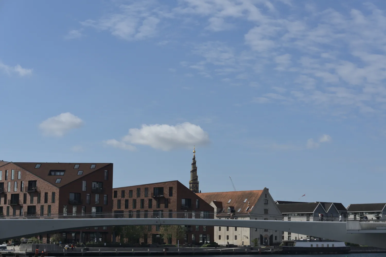 Skyline di Copenaghen con la guglia a spirale della chiesa del Redentore e un ponte