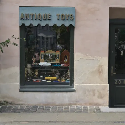 Vetrina di un negozio di giocattoli antichi con insegna Antique Toys