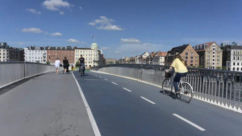 Ciclisti e pedoni su un ponte ciclabile sul porto di Copenaghen