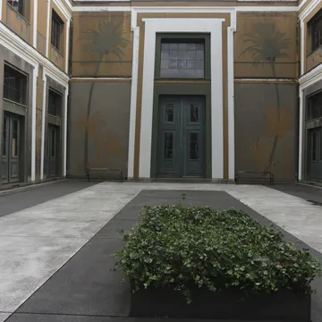Cortile interno con murali di palme e una siepe verde squadrata