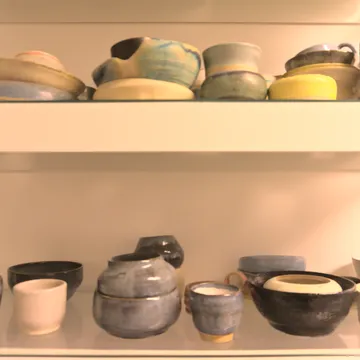 Scaffali con ciotole e tazze di ceramica artigianale dai colori vari