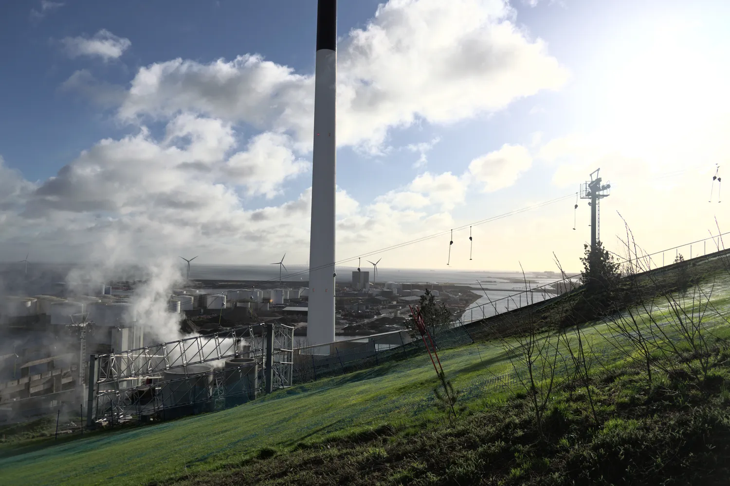 Camino e impianto del termovalorizzatore Amager Bakke visti da un pendio erboso sul mare