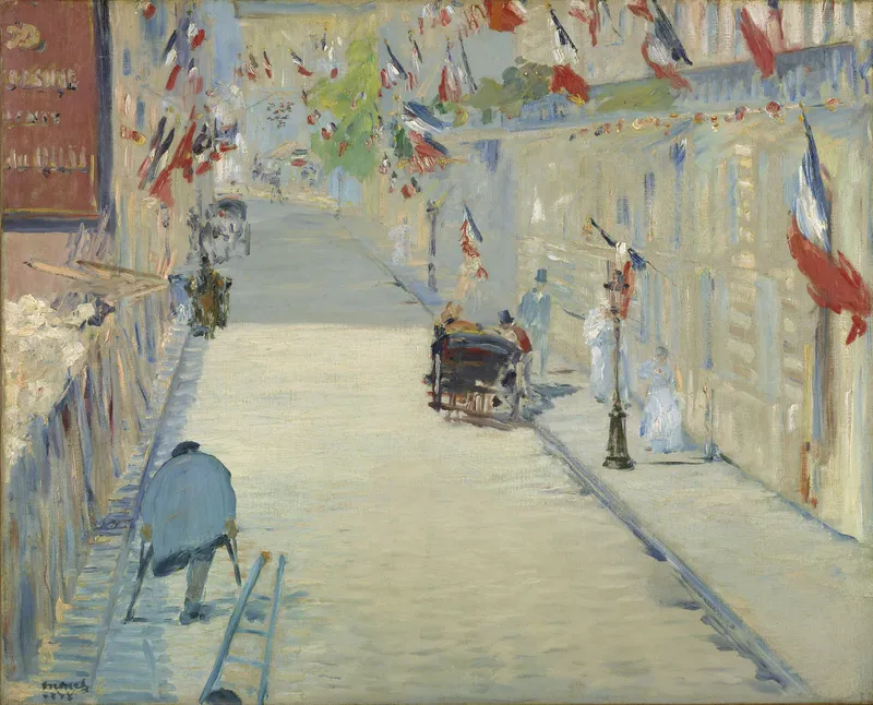 La Rue Mosnier aux drapeaux di Manet, via parigina con bandiere tricolori