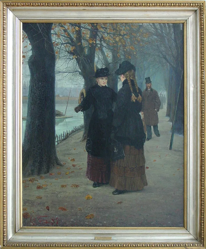 Dipinto di Laurits Andersen Ring, due donne lungo un viale autunnale