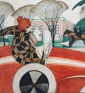Ragazza e carlino in automobile di Gerda Wegener, 1927