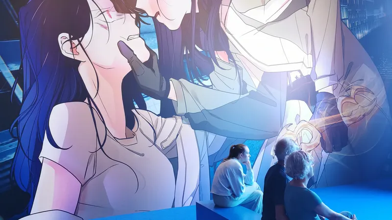 Visitatori seduti davanti a un grande murale illuminato in blu