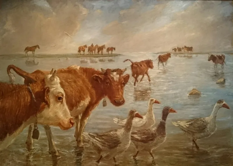 Dipinto di Philipsen con mucche e oche al guado sotto cielo nuvoloso