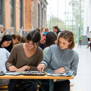 Persone sedute che disegnano a un tavolo in una luminosa hall di museo