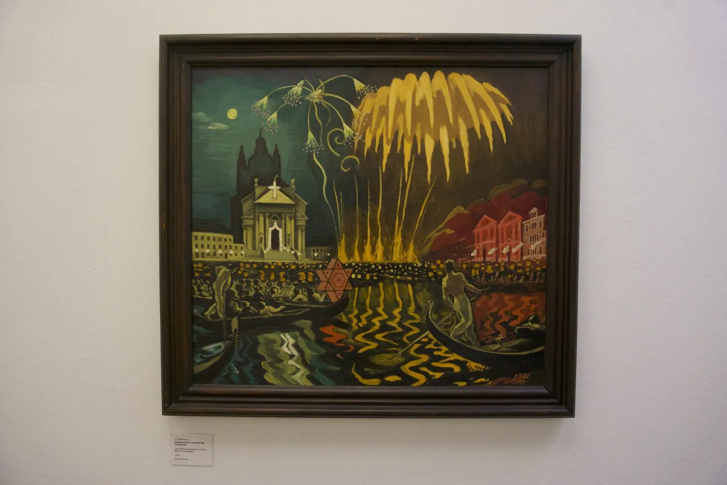Dipinto di Willumsen con fuochi d'artificio dorati su una chiesa di notte