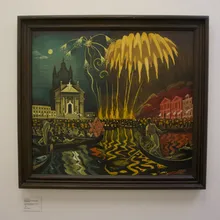 Dipinto di Willumsen con fuochi d'artificio dorati su una chiesa di notte