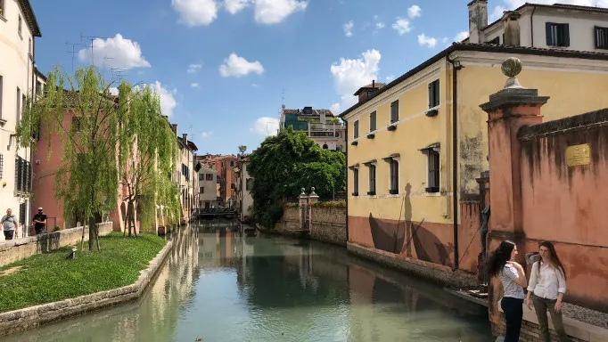 Stretto canale di Treviso fiancheggiato da case storiche e salici piangenti