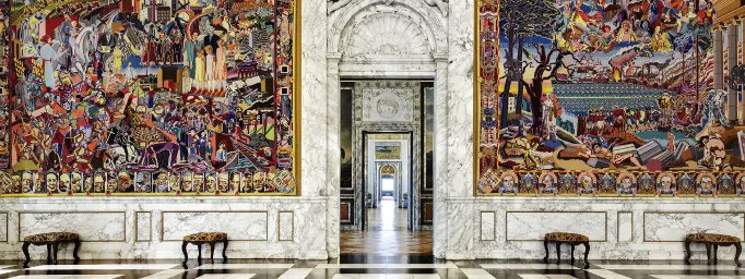 Arazzi colorati di Bjørn Nørgaard al Palazzo di Christiansborg, pavimento a scacchi