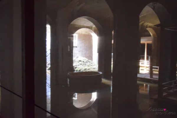Vasca con erba sotto archi nelle Cisterne, installazione di Hiroshi Sambuichi