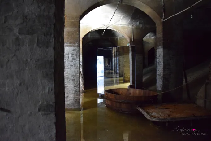 Vasca di legno e specchio tra colonne nelle Cisterne allagate, installazione di Hiroshi Sambuichi