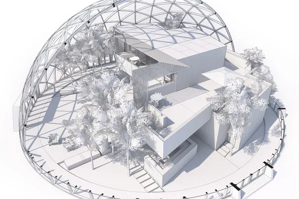 Rendering 3D di un edificio moderno racchiuso in una cupola di vetro con alberi