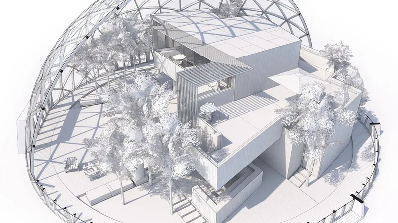 Rendering 3D di un edificio moderno racchiuso in una cupola di vetro con alberi