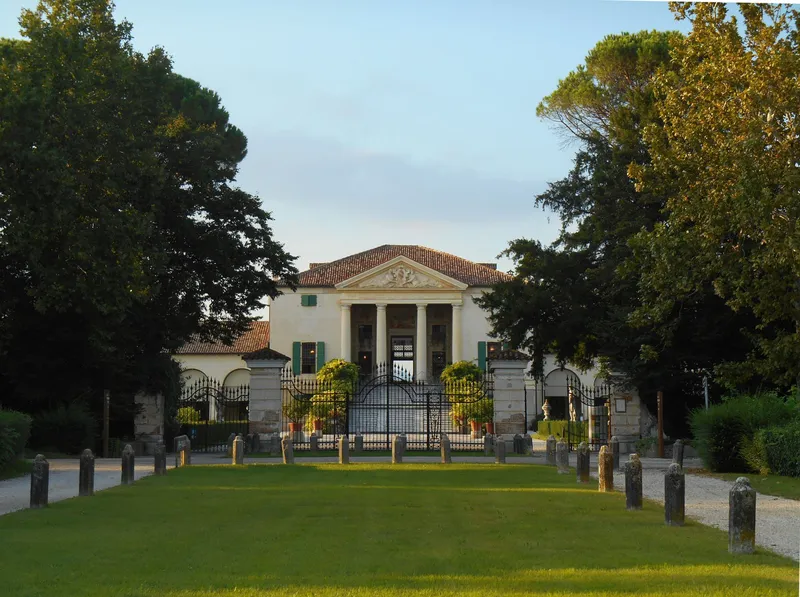 Villa Emo at Fanzolo, Palladian villa with pediment seen from a grassy avenue