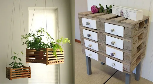 Fioriere sospese e cassettiera ricavate da casse di legno riutilizzate