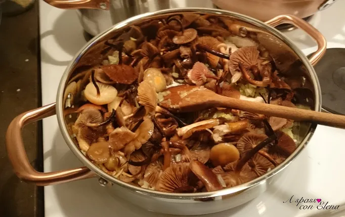 Pentola di rame con funghi raccolti, cucinati per un risotto