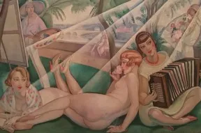 Dipinto Art déco di Gerda Wegener con donne distese e figura con fisarmonica