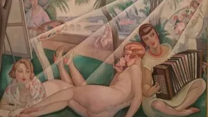 Dipinto Art déco di Gerda Wegener con donne distese e figura con fisarmonica