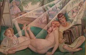 Dipinto Art déco di Gerda Wegener con donne distese e figura con fisarmonica
