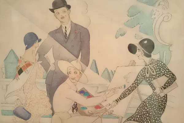 Illustrazione anni Venti di eleganti dame e signori intorno a un pittore