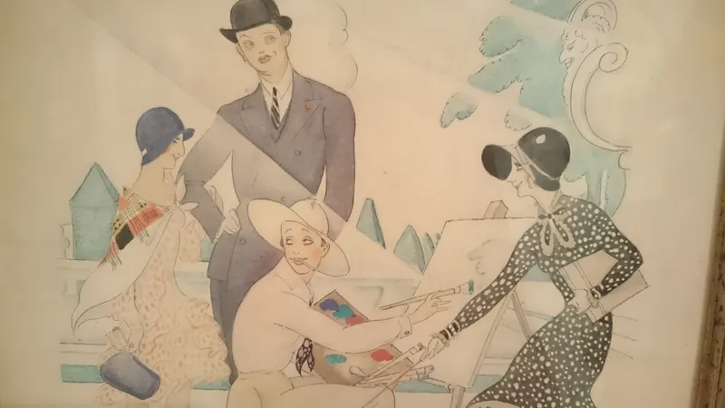 Illustrazione anni Venti di eleganti dame e signori intorno a un pittore