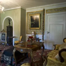 Elegante salotto storico con lampadario, ritratti e divano dorato