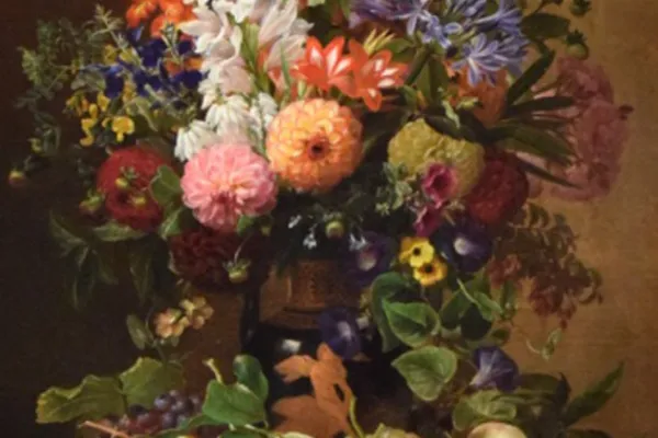 J.L. Jensen, Frugt- og blomsteropstilling, mazzo di fiori colorati e frutta