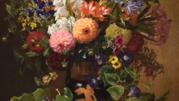 J.L. Jensen, Frugt- og blomsteropstilling, mazzo di fiori colorati e frutta