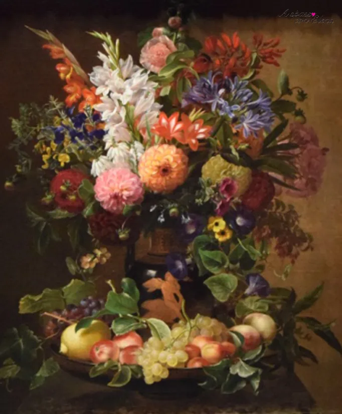 J.L. Jensen, Frugt- og blomsteropstilling, mazzo di fiori colorati e frutta