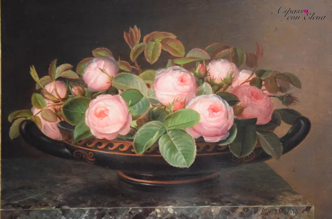 J.L. Jensen, Roser i græsk skål, rose rosa in una coppa nera su marmo