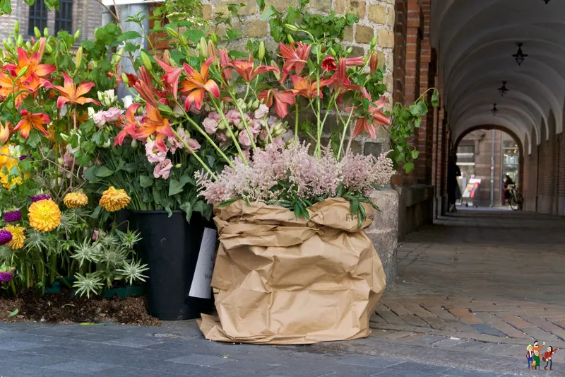 Gigli arancioni e fiori in sacchi di carta lungo un porticato