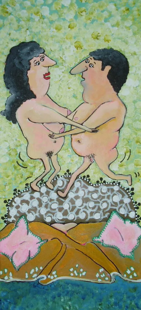 Dipinto ironico di coppia nuda che salta sul letto, opera di Ulla Hansen