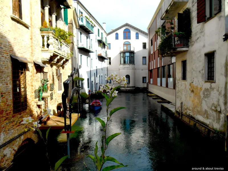 Buranelli Canal in Treviso between old buildings with flowers in the foreground