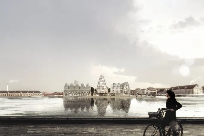 Rendering di COBE per Papirøen con ciclista sul lungomare