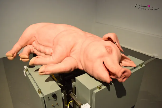 Mechanical Pig di Paul McCarthy, scultura iperrealista di maiale rosa su supporto meccanico