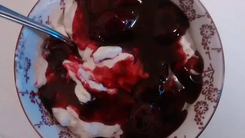 Ciotola di risalamande, budino di riso danese con salsa di ciliegie