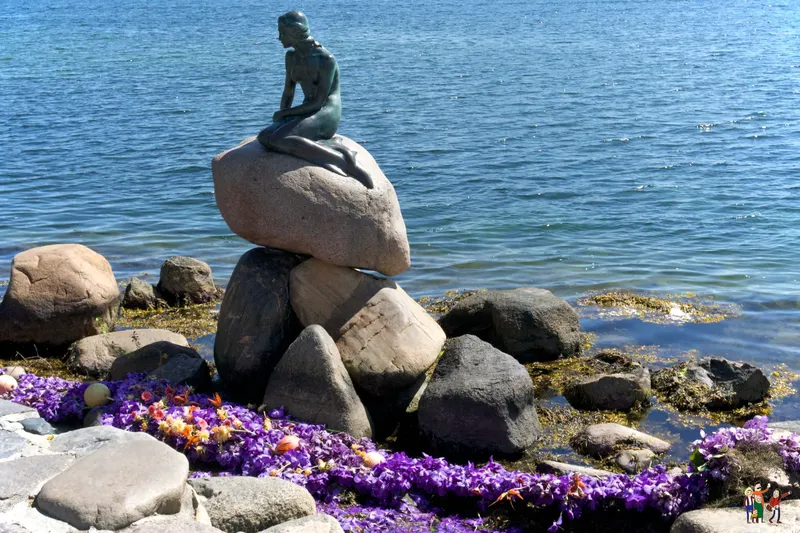 Statua della Sirenetta su una roccia tra fiori viola in riva al mare