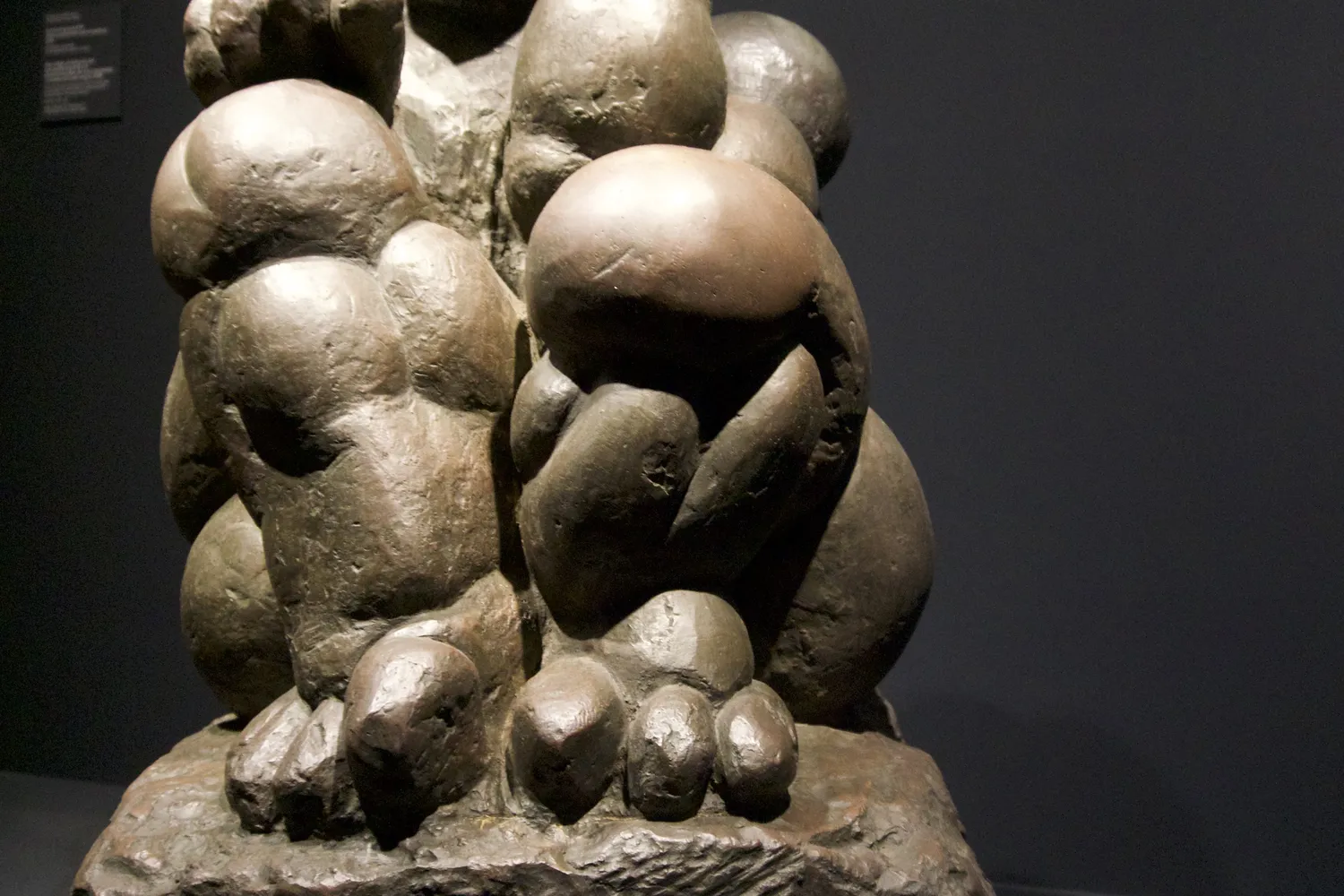 Scultura in bronzo di una figura femminile robusta su roccia in museo