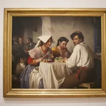 Dipinto incorniciato di tre figure italiane a tavola in osteria