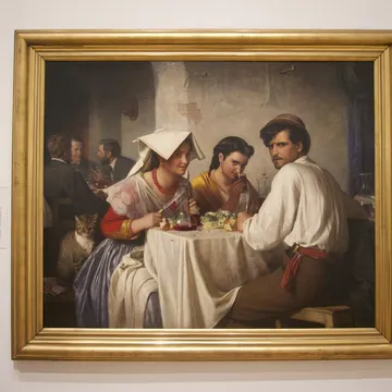 Dipinto incorniciato di tre figure italiane a tavola in osteria
