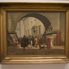 Dipinto di una folla in costume storico sotto un grande arco