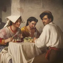 Dipinto incorniciato di contadini italiani a tavola in un'osteria