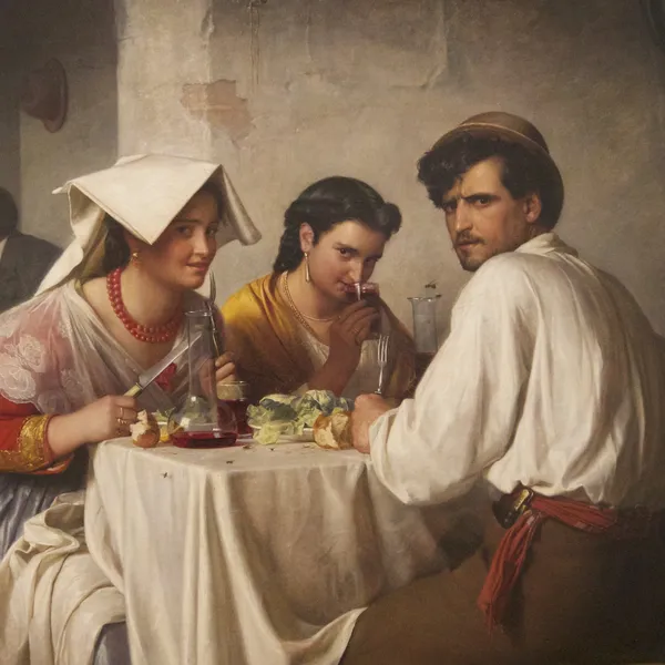 Dipinto incorniciato di contadini italiani a tavola in un'osteria
