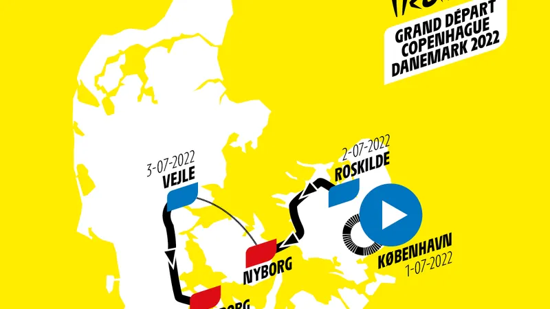 Mappa gialla della Danimarca con le tappe del Tour de France 2022