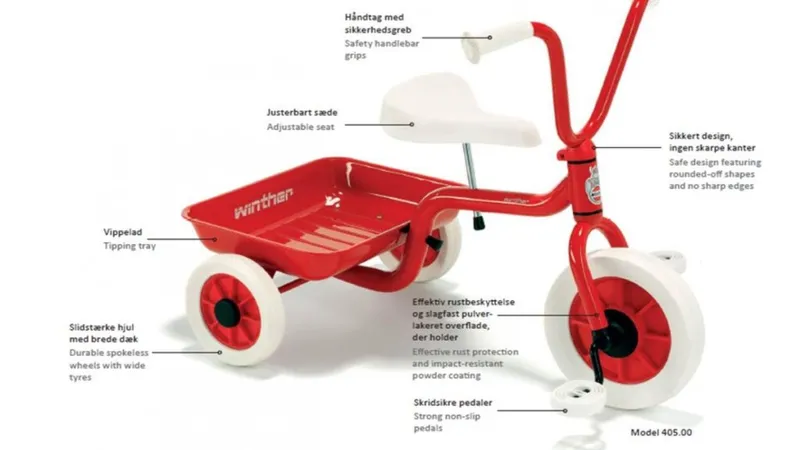 Triciclo rosso Winther con cassone ribaltabile, prodotto dal 1935