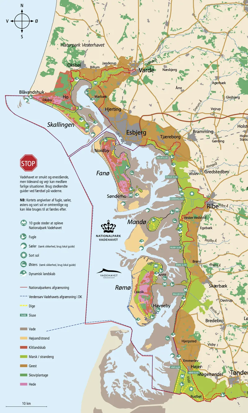 Mappa del Parco Nazionale del Vadehavet con isole e città